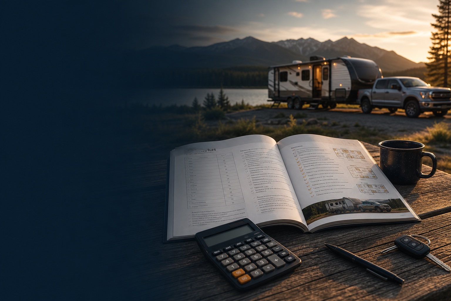 A trailer buyer workbook with calculator, keys, and a parked travel trailer