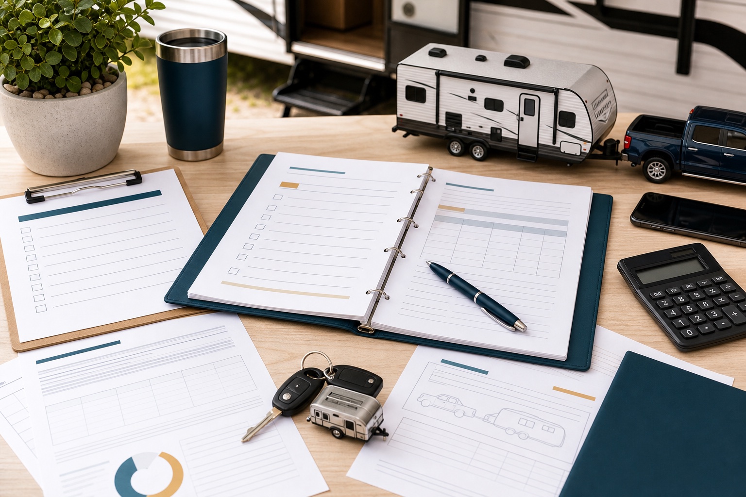 Travel trailer buying worksheets, checklist pages, calculator, keys, and a small trailer model on a planning table.